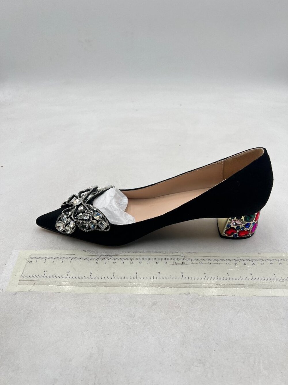 YDN Black Suede Butterfly Pointed Toe Bow Pumps Block Low Heel Dance Shoes - Picture 2 of 8